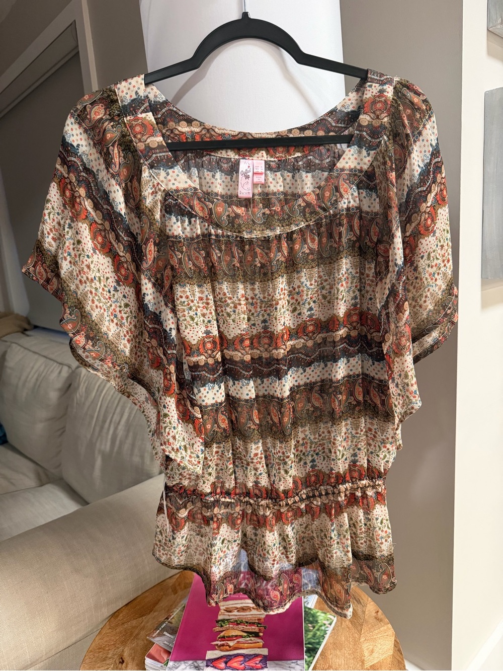 Dolled Up Cream Blouse with Brown and Rust Paisley Stripes